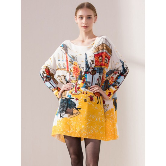 Original Loose Cartoon Printed Round-Neck Long Sleeves Sweater Dress