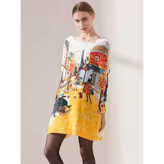 Original Loose Cartoon Printed Round-Neck Long Sleeves Sweater Dress