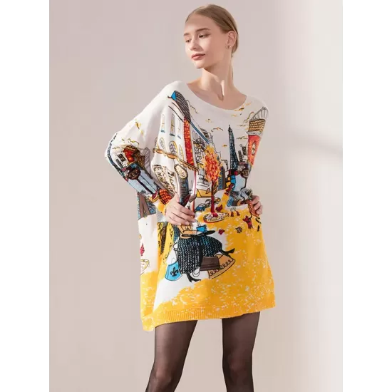 Original Loose Cartoon Printed Round-Neck Long Sleeves Sweater Dress