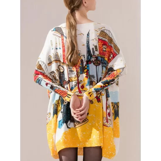 Original Loose Cartoon Printed Round-Neck Long Sleeves Sweater Dress