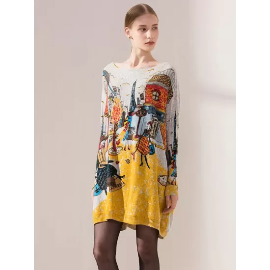 Original Loose Cartoon Printed Round-Neck Long Sleeves Sweater Dress