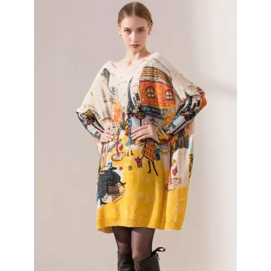 Original Loose Cartoon Printed Round-Neck Long Sleeves Sweater Dress