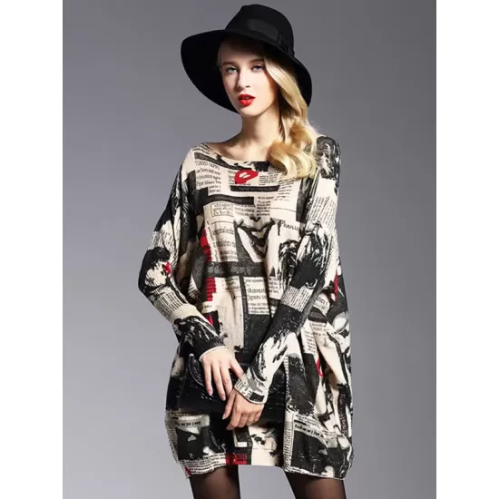 Urban Loose One-Shoulder Printed Split-Joint Sweater