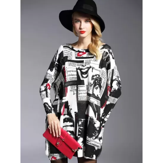 Urban Loose One-Shoulder Printed Split-Joint Sweater