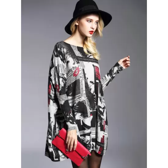 Urban Loose One-Shoulder Printed Split-Joint Sweater