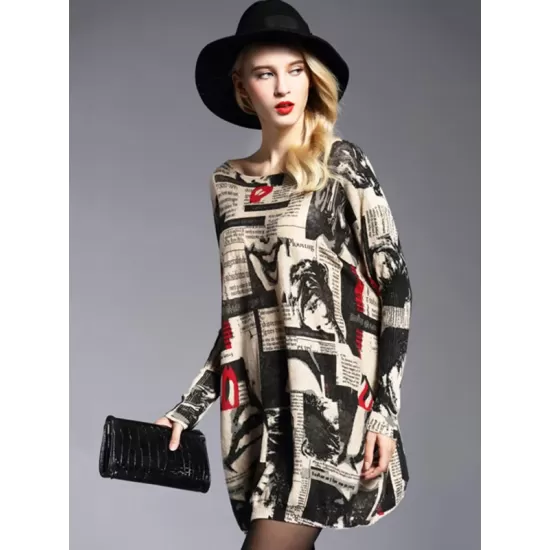 Urban Loose One-Shoulder Printed Split-Joint Sweater