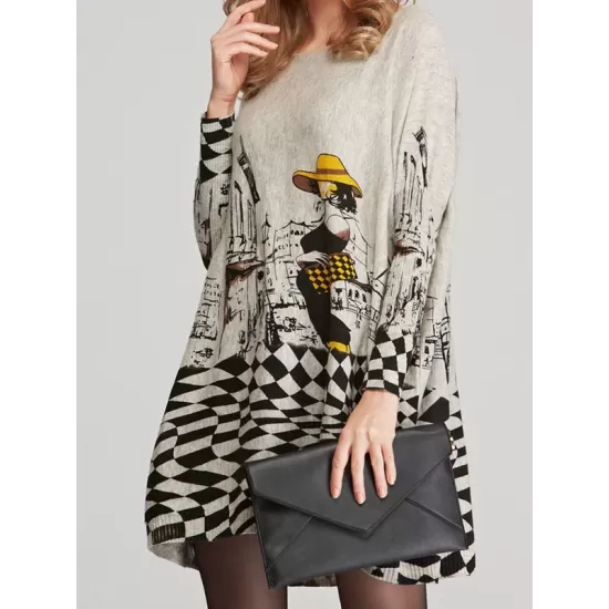 Vintage Loose Printed Split-Joint Sweater