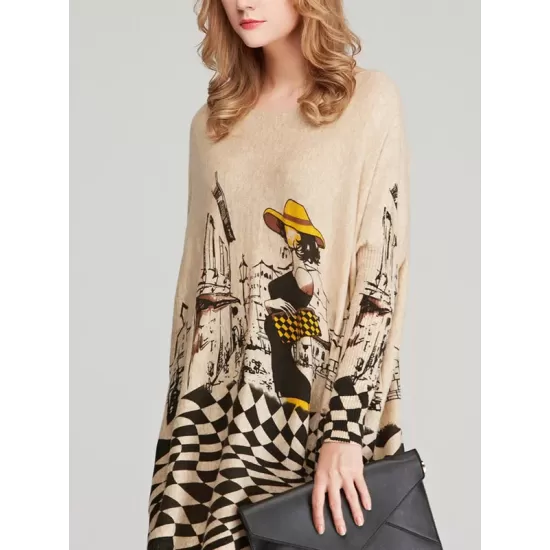 Vintage Loose Printed Split-Joint Sweater