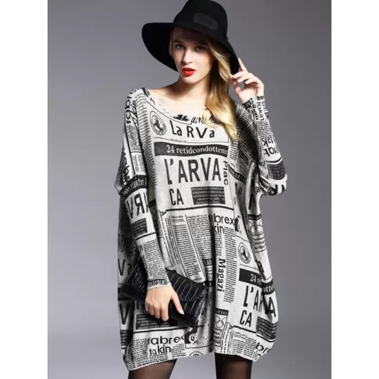 Vintage Loose One-Shoulder Newspaper Printed Split-Joint Sweater