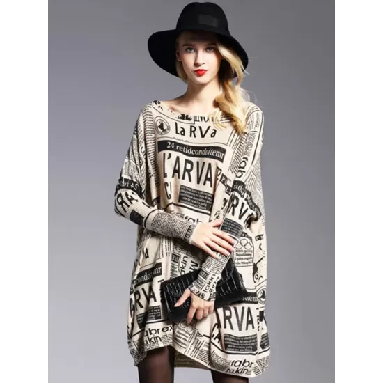 Vintage Loose One-Shoulder Newspaper Printed Split-Joint Sweater