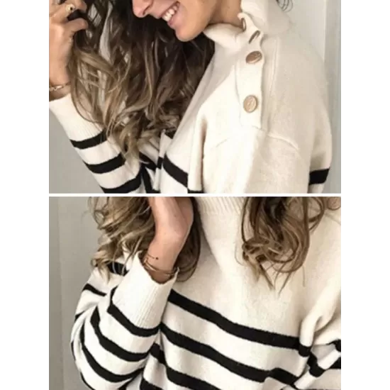 Original Loose Striped Buttoned High-Neck Long Sleeves Sweater Top