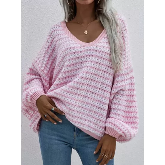 Original Loose Striped 8 Colors V-Neck Long Sleeves Sweater Top