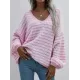 Original Loose Striped 8 Colors V-Neck Long Sleeves Sweater Top