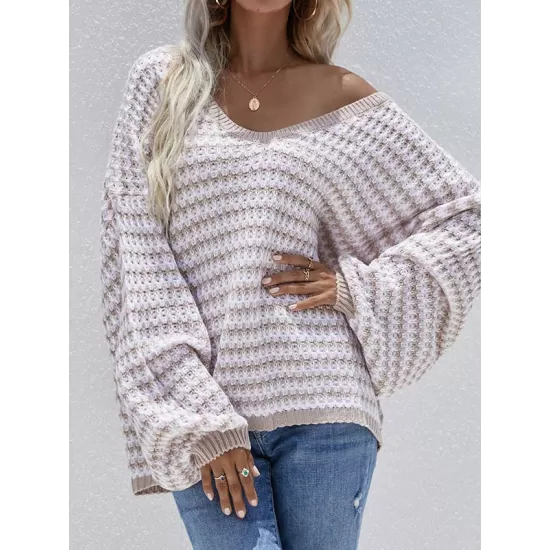 Original Loose Striped 8 Colors V-Neck Long Sleeves Sweater Top