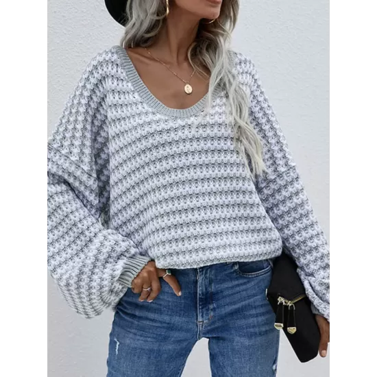 Original Loose Striped 8 Colors V-Neck Long Sleeves Sweater Top