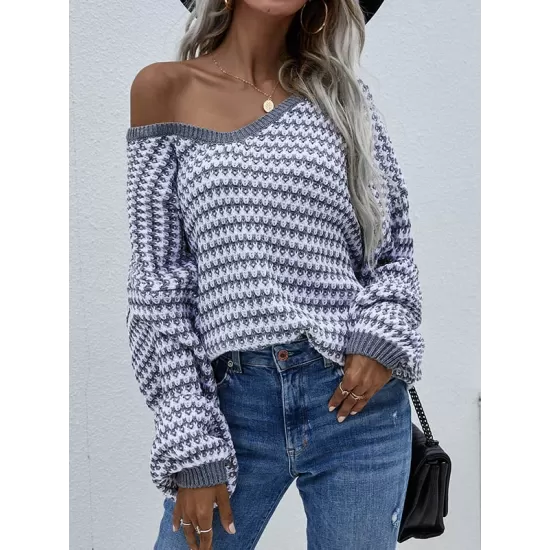 Original Loose Striped 8 Colors V-Neck Long Sleeves Sweater Top