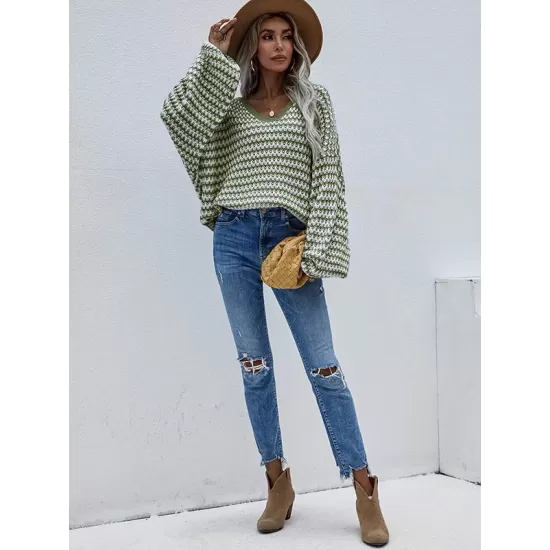 Original Loose Striped 8 Colors V-Neck Long Sleeves Sweater Top