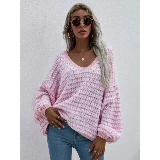 Original Loose Striped 8 Colors V-Neck Long Sleeves Sweater Top