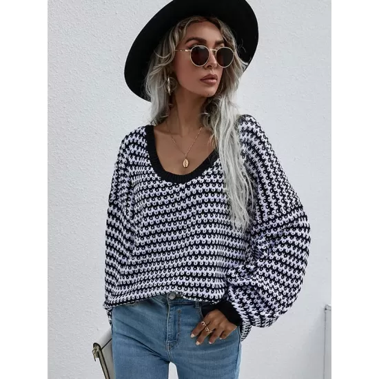 Original Loose Striped 8 Colors V-Neck Long Sleeves Sweater Top