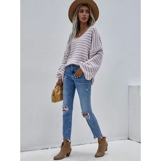 Original Loose Striped 8 Colors V-Neck Long Sleeves Sweater Top