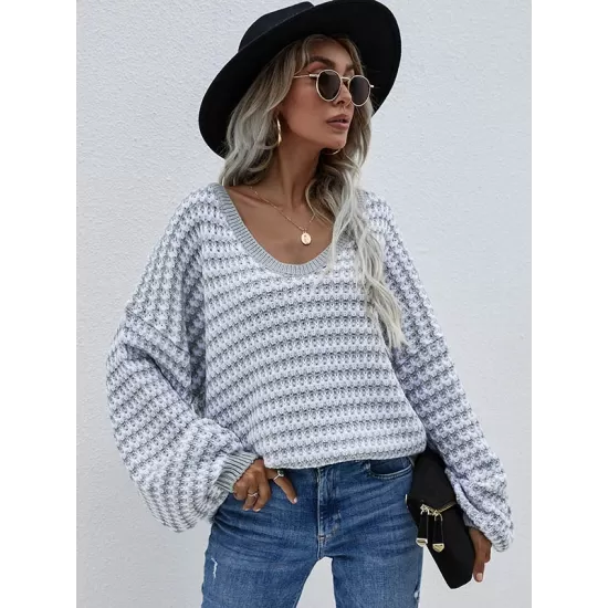 Original Loose Striped 8 Colors V-Neck Long Sleeves Sweater Top