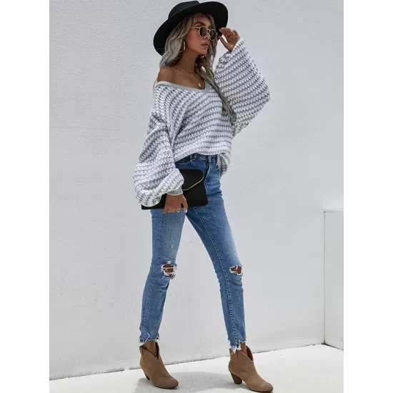 Original Loose Striped 8 Colors V-Neck Long Sleeves Sweater Top