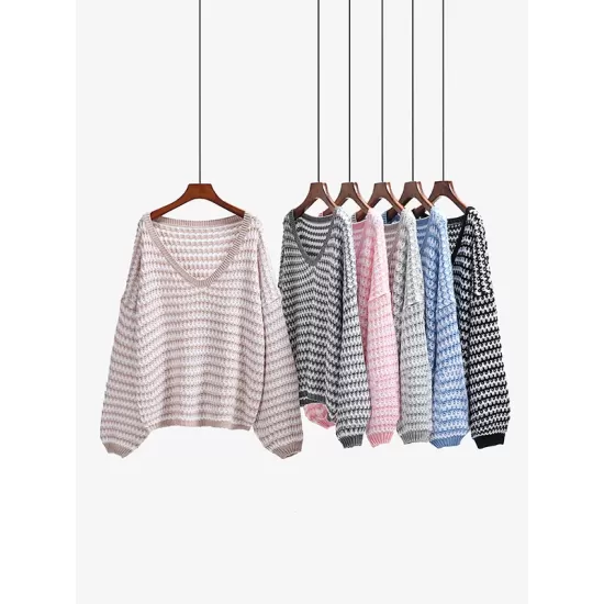 Original Loose Striped 8 Colors V-Neck Long Sleeves Sweater Top