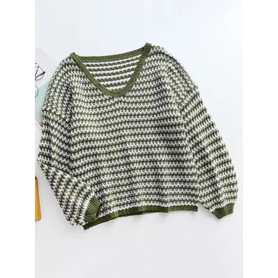 Original Loose Striped 8 Colors V-Neck Long Sleeves Sweater Top