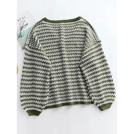 Original Loose Striped 8 Colors V-Neck Long Sleeves Sweater Top