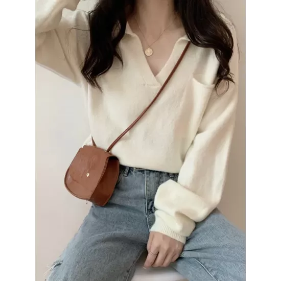 Casual Simple 6 Colors V-Neck Long Sleeves Sweater Top