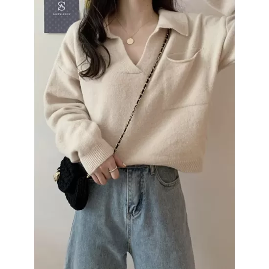 Casual Simple 6 Colors V-Neck Long Sleeves Sweater Top