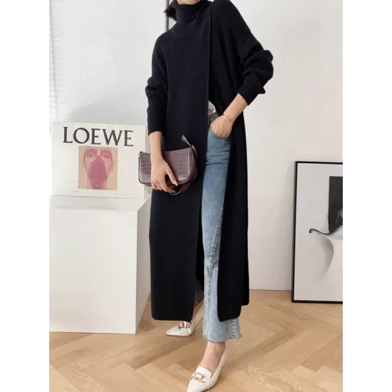 Original Loose Solid Color Split-Front Sweater Dress