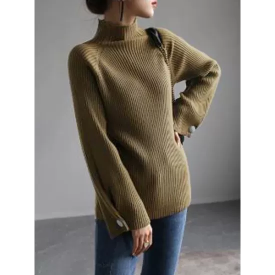 Simple Loose Solid Color High-Neck Sweater