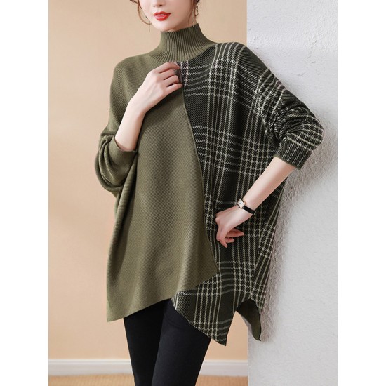 Casual Loose 3 Colors Split-Joint Plaid High-Neck Batwing Long Sleeves Sweater Top