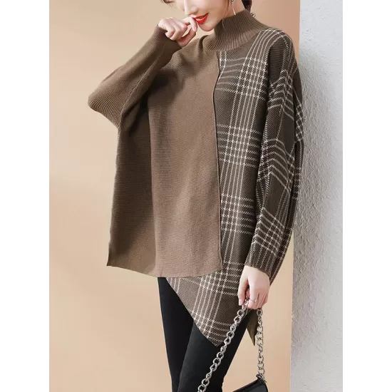 Casual Loose 3 Colors Split-Joint Plaid High-Neck Batwing Long Sleeves Sweater Top