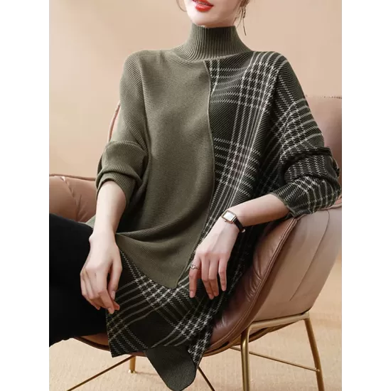 Casual Loose 3 Colors Split-Joint Plaid High-Neck Batwing Long Sleeves Sweater Top