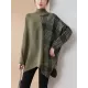 Casual Loose 3 Colors Split-Joint Plaid High-Neck Batwing Long Sleeves Sweater Top