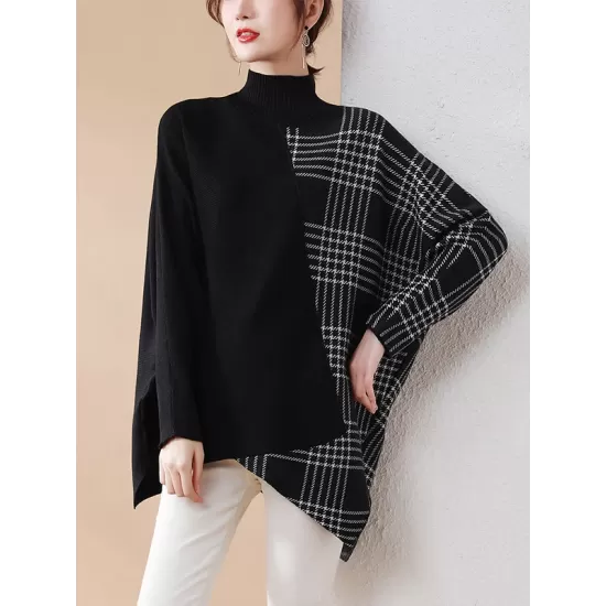 Casual Loose 3 Colors Split-Joint Plaid High-Neck Batwing Long Sleeves Sweater Top