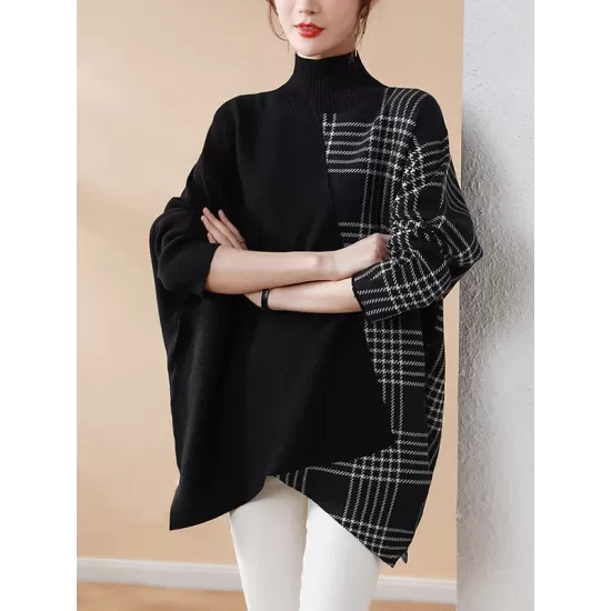 Casual Loose 3 Colors Split-Joint Plaid High-Neck Batwing Long Sleeves Sweater Top