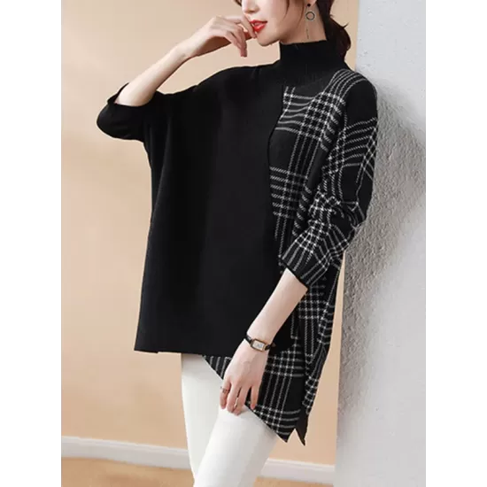 Casual Loose 3 Colors Split-Joint Plaid High-Neck Batwing Long Sleeves Sweater Top