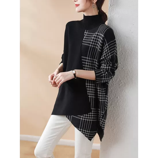 Casual Loose 3 Colors Split-Joint Plaid High-Neck Batwing Long Sleeves Sweater Top