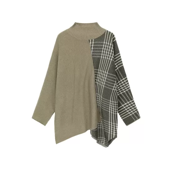 Casual Loose 3 Colors Split-Joint Plaid High-Neck Batwing Long Sleeves Sweater Top