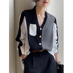 Original Loose Irregular Split-Joint Buttoned V-Neck Long Sleeves Sweater Blouse