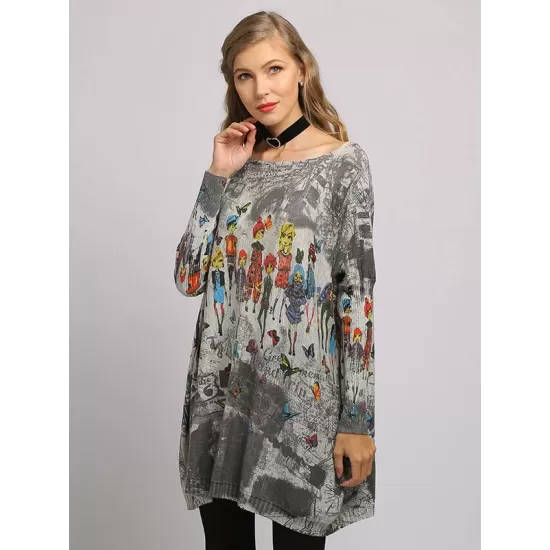 Urban Colorful Knitting Printed Long Sleeves Sweater