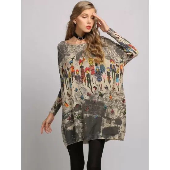 Urban Colorful Knitting Printed Long Sleeves Sweater