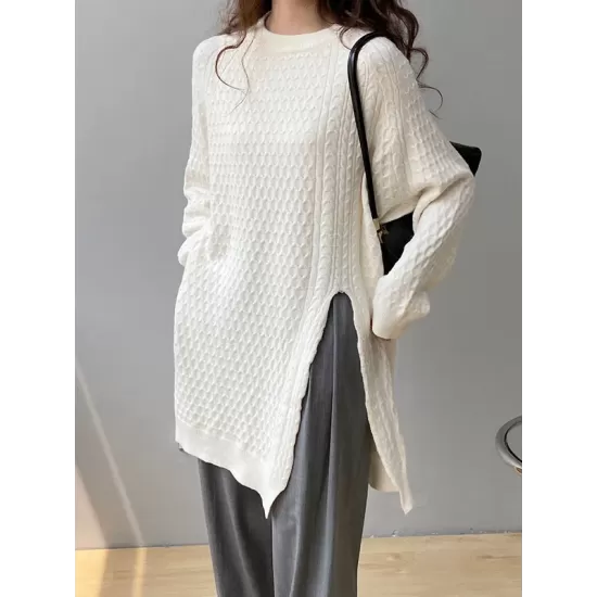 Original Irregular 5 Colors Split-Side Round-Neck Long Sleeves Sweater Top