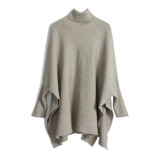 Simple Loose Solid Color High-Neck Batwing Sleeves Sweater