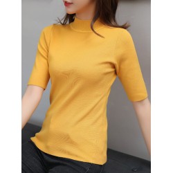 15 Colors Knitting Solid Color High-Neck Short Sleeves Pullover