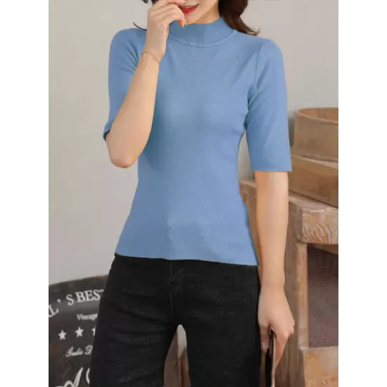 15 Colors Knitting Solid Color High-Neck Short Sleeves Pullover