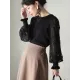 Original Loose Hollow Lace Round-Neck Long Puff Sleeves Sweater Pullovers